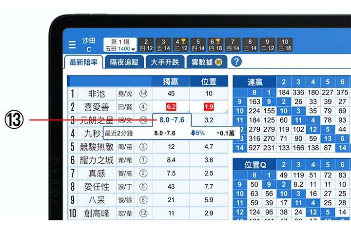 使用手冊第三章【賠率走勢】簡易版功能13說明 